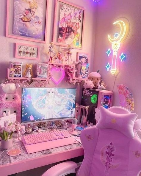 September Photo Challenge, Pink Milkshake, Insta Board, Kawaii Room Ideas, Gaming Desk Setup, Kawaii Bedroom, Pink Games, Gamer Setup, Otaku Room