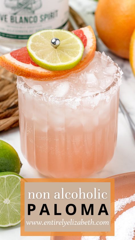 For a fun, fresh non alcoholic cocktail that's perfectly balanced, try this paloma with grapefruit juice, lime, and non-alcoholic tequila - it's easy to make and full of bright, citrusy flavor. You'll love how it's refreshing, healthy, and delicious. La Croix Cocktails Non Alcoholic, Mocktails Non Alcoholic Paloma, Non Alcoholic Paloma, Mexican Drinks Non Alcoholic, Non Alcoholic Tequila, La Croix Cocktails, Entirely Elizabeth, Mock Cocktails, Tequila Tasting