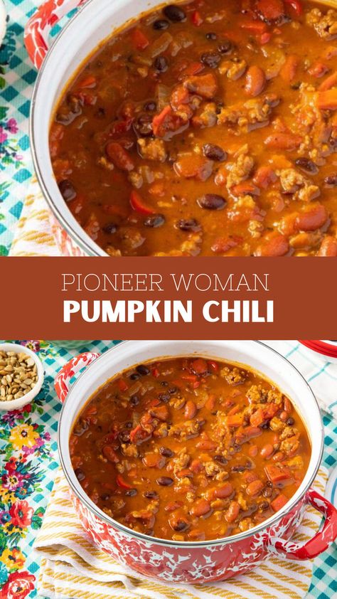 Pioneer Woman Pumpkin Chili Pumpkin Chili Recipe, Spicy Italian Sausage, Pumpkin Chili, Pumpkin Soup Recipe, Sweet Potato Chili, Fall Dinner Recipes, Delicious Soup Recipes, Spicy Sausage, Fall Soups