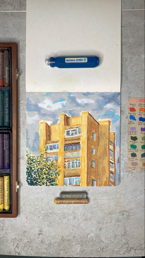 Oil pastel drawing in square sketchbook I liked how this building looks at a sunset and decided to draw it Architecture Oil Pastel, Oil Pastel Architecture Drawing, Oil Pastel Buildings, Oil Pastel Architecture, Oil Pastel Sketch, Square Sketchbook, Art Homework, Arte Aesthetic, Window Drawing