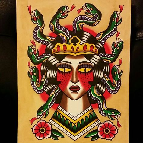 Traditional Medusa painting Traditional Tattoo Medusa, Medusa Painting, Traditional Back Tattoo, Tattoo Medusa, Serial Art, Traditional Tattoo Drawings, Traditional Tattoo Old School, Tarot Tattoo, Tatoo Inspiration