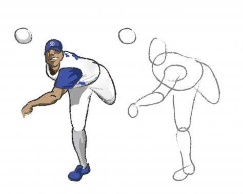 A printable learn to draw page featuring a baseball pitcher during a throw, has… Throw Reference Drawing, Pitcher Baseball Pose, Baseball Throwing Pose Reference, Baseball Pitcher Drawing, Baseball Throw Pose, Throwing Something Drawing, Throwing A Ball Reference, Throwing Pose Drawing, Throwing Drawing Reference