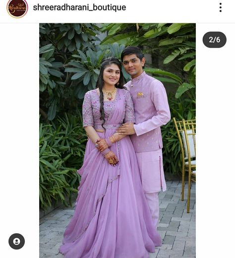 Purple Lehenga Bride And Groom, Engagement Twinning Dress, Lavender Couple Outfits Indian, Couple Pose In Saree And Kurta, Lavender Couple Outfits, Couple Engagement Dress Indian Matching, Purple Couple Outfits, Wedding Couple Dress Combination, Engement Dress Indian Couple