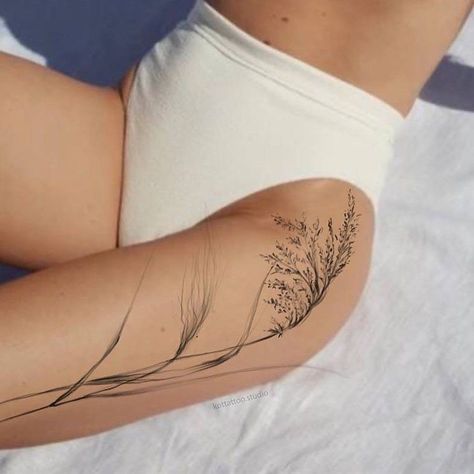 Hip Tattoo Fine Line, Leg Tattoo Simple, Fine Line Thigh Tattoo, Fine Line Plant Tattoo, Flower Tattoo Spine, Tattoo Ideas Hand, Tattoo Ideas Men, Small Dope Tattoos, Women Tattoo Ideas