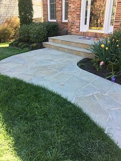 Sidewalk To Front Door From Driveway, Walkway Concrete, Brick Restoration, Concrete Front Steps, Concrete Stamping, Stamped Concrete Walkway, Concrete Work, Driveway Repair, Driveway Installation