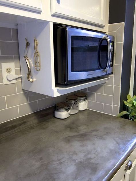 Undercabinet Microwave Shelf, Microwave Corner Shelf Ideas, Microwave Shelf In Kitchen, Microwave Space In Kitchen, Diy Microwave Shelf, Microwave Shelf Ideas Diy, Microwave Shelf Ideas, Microwave Storage Ideas, Microwave Wall Shelf