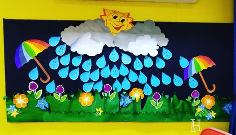 Monsoon themed board decor Rainy Season Theme Decoration, Monsoon Decoration Ideas, Rainy Day Decoration Ideas, Season Theme Board Ideas For Preschool, Monsoon Theme Decoration, Rainy Season Chart For Preschool, Monsoon Board Decoration Ideas, Rainy Day Celebration In Preschool, Monsoon Bulletin Board Ideas