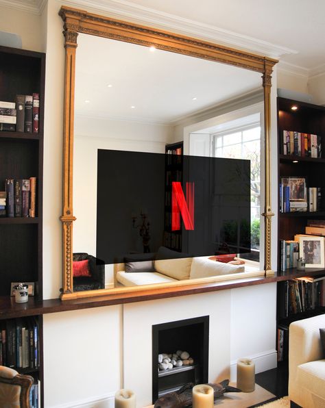 Tv Mirror Frame Hide Tv, Mirror Above Tv Living Rooms, Tv In Frame On Wall, Mirror Over Tv, Mirror Next To Tv, Mirror Above Tv, Mirror Tv Wall, Tv Behind Mirror, Mirror Television