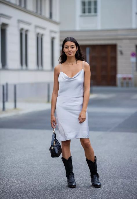 10 Slip Dress Outfits That Celebrity Stylists Love 90s Slip Dress Outfit, Slip Dress Street Style, Style A Slip Dress, Dress Shorts Outfit, Short Slip Dress, 90s Slip Dress, Slip Dress Outfit, Linen Slip Dress, Dresses With Cowboy Boots