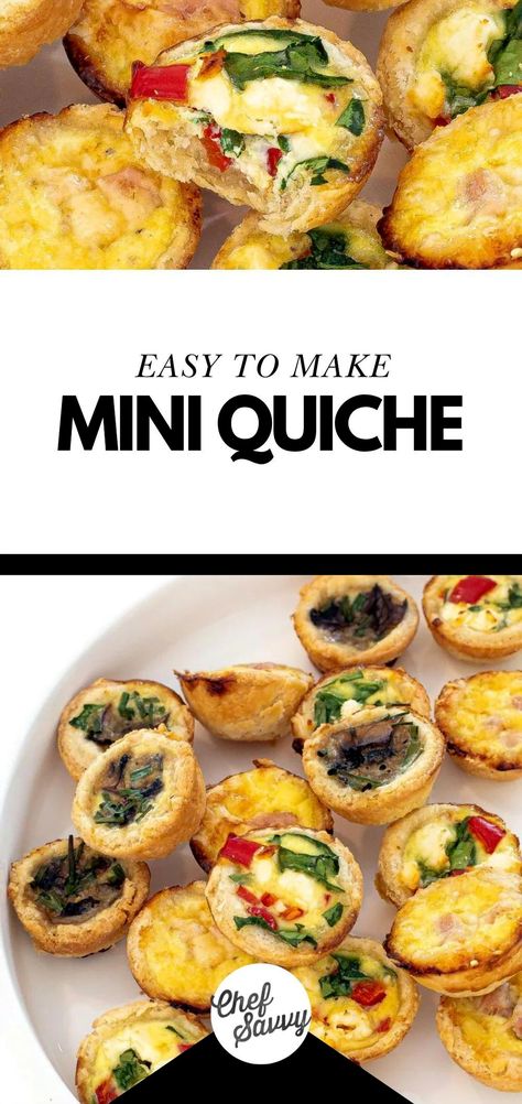 Try out this delightful Mini Quiche recipe for an easy and satisfying breakfast! Featuring a buttery pie crust and a creamy egg filling, these mini quiches come in three delicious flavor combinations. Perfect for serving a crowd, these bite-sized treats are sure to be a hit with everyone. Check out Chef Savvy for more nutritious breakfast ideas! Breakfast Quiche Recipes Easy Pie Crusts, Quiche Bites Recipes, Breakfast Tart Recipes, Mini Breakfast Bites, Boo Brunch, Easy Simple Breakfast, Quiche For One, Easy Quiche Recipes, Gd Recipes