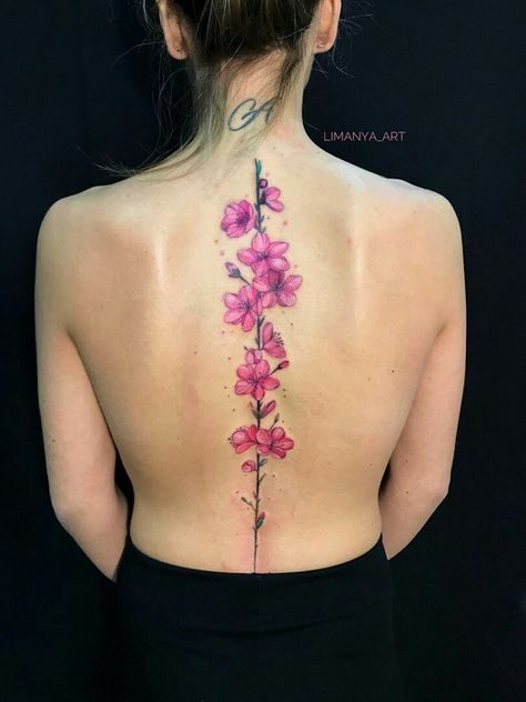 Cherry Blossom Tattoo Back, Tattoo Back Tattoo, Girl Spine Tattoos, Vertical Tattoo, Beautiful Back Tattoos, Floral Thigh Tattoos, Feminine Tattoo Sleeves, Cute Hand Tattoos, Tattoo Back