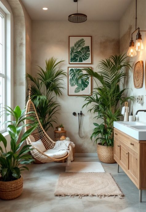 Boho Bathroom Ideas Tropical Home Interior Design, Tropical Bathrooms, Tropical Bathroom Ideas, Hawaii Bathroom, Bathroom Sink Modern, Scandanavian Interiors, Tropical Bathroom Decor, Ramp Sink, Plant Bathroom