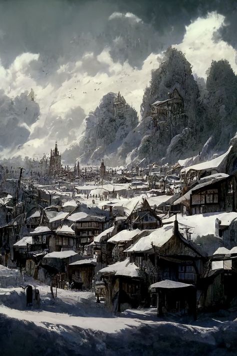 Viking Village, Fantasy Village, Cold Mountain, Mountain City, Dragon Artwork Fantasy, Snowy Mountain, Landscape Concept, Hero's Journey, Snowy Forest