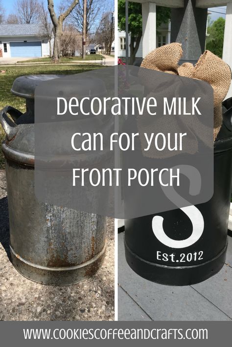 I have been searching for a milk can for years and I luckily found this one out for garbage. I had fun painting and transforming this milk can into a front porch decor. This is simple and easy to do. It looks great with our initial and it can be used as a side table or as a planter. #Milkcan #farmhouse #burlap #initial #frontporch #porchdecor #country #rustic #Simple #DIY #summer #CricutMade Cream Can Decor Ideas, Fall Milk Can Decor, Old Milk Can Ideas Front Porches, Milk Can Ideas Front Porches, Milk Jugs Diy, Farmhouse Fall Porch Decor, Milk Can Table, Canister Decor, Metal Milk Jug