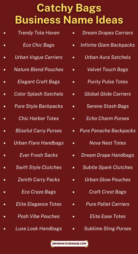 499+ Catchy Bags Business Names Ideas to Impress Ladies! - Informative House Bags Business Name Ideas, Bag Brand Name Ideas, Boutique Names Ideas, Store Names Ideas, Expo Ideas, Business Name Ideas, Boutique Names, Bags Business, Business Clothes