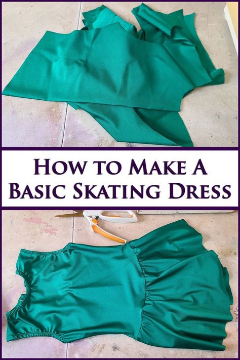 A two part image showing a green ice skating dress being sewn, and the finished green practice figure skating dress. Green Figure Skating Dress, Figure Skating Dress Patterns, Skating Dress Patterns, Sewing Spandex, Synchronized Skating, Skating Costume, Dance Costumes Dresses, Figure Skating Outfits, Ice Skating Outfit