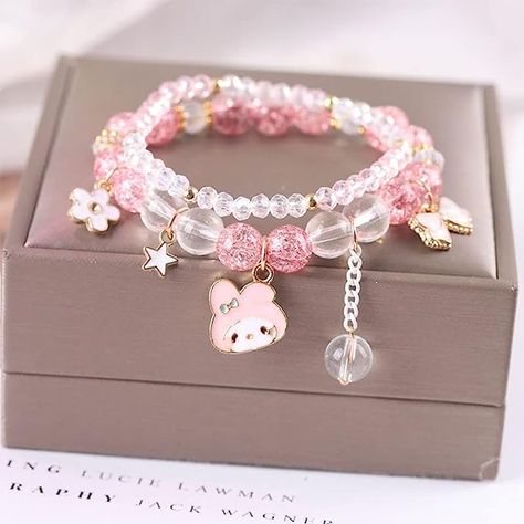 Kawaii My Melody charm bracelet! Cute flower, star, bow, and My Melody charms! On sale for $10.98 on amazon! Kawaii Bracelet, Girly Bracelets, Pretty Jewelry Necklaces, Kawaii Jewelry, Kawaii Accessories, Jewelry Accessories Ideas, Crystal Beads Bracelet, Fancy Jewelry, Cute Bracelets