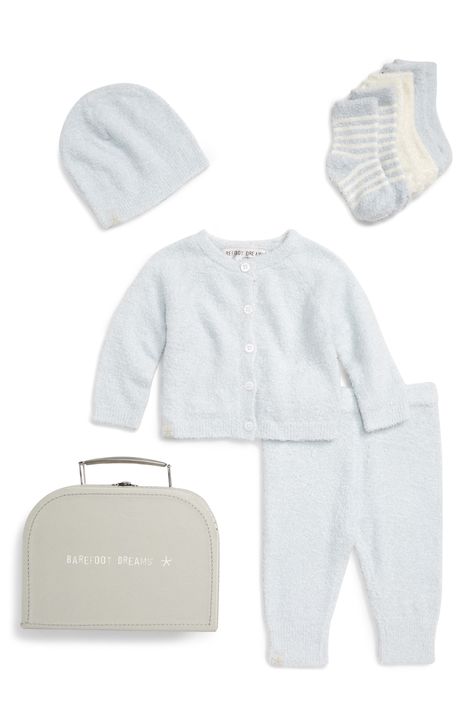 Infant Barefoot Dreams Cozychic Lite Classic Cardigan, Pants, Socks, Beanie & Suitcase Set Light Blue Suitcase, Blue Suitcase, Suitcase Set, Newborn Sets, Classic Cardigan, Striped Rompers, Cozy Chic, Baby Sets, Fashion Advice