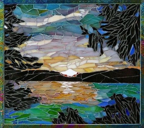 Stainglass Ideas, Mosaic Landscapes, Outside Wall Art, Landscape Mosaic, Stained Glass Mosaic Art, Greenwood Lake, Mosaic Art Diy, Beyond Borders, Mosaic Garden Art