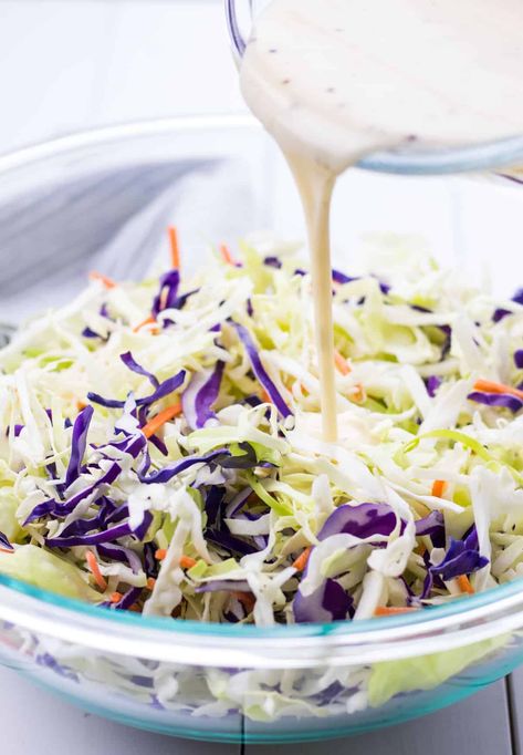 Pouring the coleslaw dressing onto the salad for whippeditup's Blackened Shrimp Tacos.  #Blackened #shrimp #tacos #bowl #supper #yum #delicious #whipped #spices #creativefood #wraps #tortillas Blackened Shrimp Taco, Slaw For Shrimp Tacos, Creamy Coleslaw Recipe, Classic Coleslaw, Shrimp Taco, Easy Coleslaw, Coleslaw Recipe Easy, Slaw Dressing, Coleslaw Salad