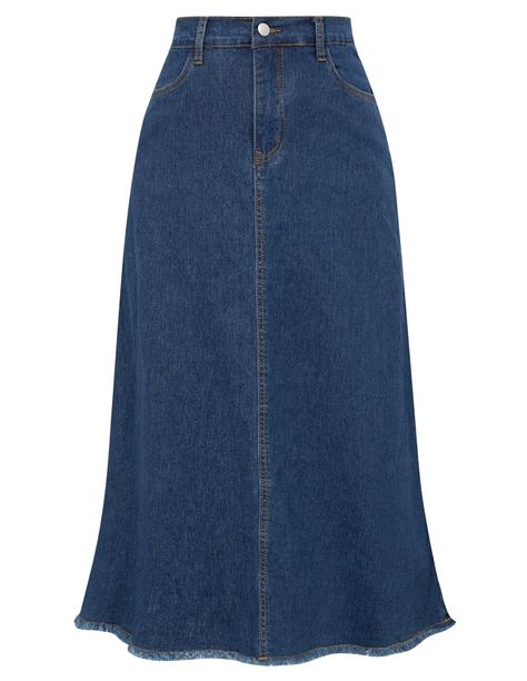 PRICES MAY VARY. High Quality Fabric - This long denim jean skirt made of lightweight fabric, breathable and not see through, not easy to deform, and keep elastic. Lightweight Jean Skirt - The calssic denim jean skirts feature with high waist design, elastic back waistline, flare aline skirt, frayed raw hem design, maxi long skirt, two side versatile pockets. Elastic High Waist Skirts - Blue jean skirt for women with your favorite t-shirts for a casual chic vibe. Pair with blouses and blazers fo 70s Jean Skirt, Denim Skirts Long, Long Skirt Business Casual, A-line Skirt, Cute Long Skirts, Jean Long Skirt, Long Jean Skirts, Demi Skirt, Jeans Maxi Skirt