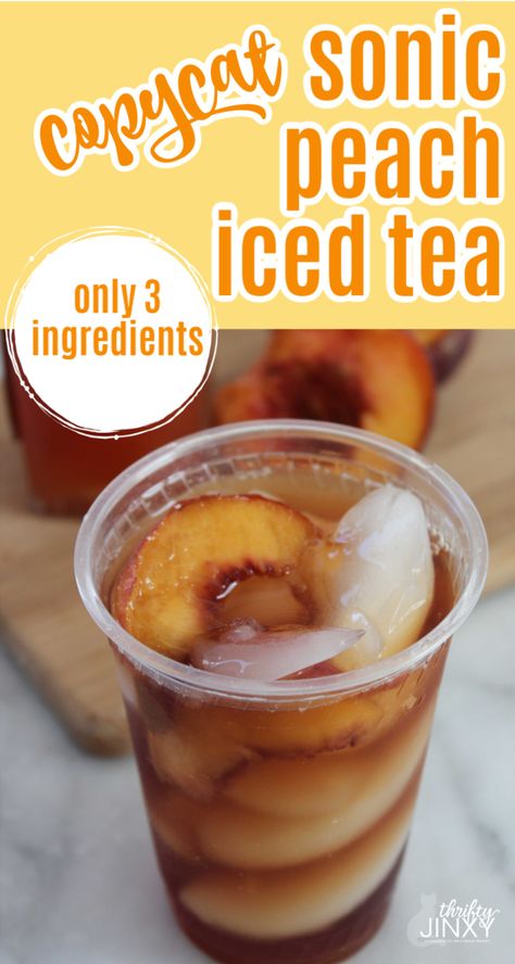 This Copycat Sonic Peach Iced Tea recipe is SO super easy to make you won't believe it! The best part is, you can have this delicious treat at home any time you want it - all you need is tea, fresh peaches and sugar.  #IcedTea #copycat #Sonic #SonicRecipe #drinks #CopycatRecipe #SweetTea #PeachTea Peach Iced Tea Recipe, Flavored Tea Recipes, Peach Tea Recipe, Iced Tea Recipes Homemade, Peach Iced Tea, Sweet Tea Recipes, Iced Tea Recipe, Tea Drink Recipes, Tea Burn