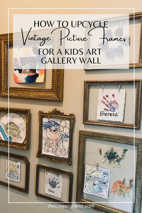 After receiving a coat of gold paint and antiquing glaze, these vintage picture frames formed the perfect gallery wall! See how I upcycled these old wooden frames to create a fun gallery wall for kids' art. DIY home decor / easy diy home decor / antique picture frames / how to antique gold / vintage decor ideas / repurposed / thrifted home decor / upcycling / repurposing / gallery wall ideas / diy gallery wall / kids art display #gallerywallideas #vintagepictureframes Kids Art Work Wall Display, Kids Art Gallery Wall Ideas, Kids Artwork Frames, Kids Gallery Wall Artwork Display, Framed Kids Artwork, School Picture Gallery Wall, Picture Frames For Kids Artwork, Antique Frames On Wall Ideas, Thrifted Art Gallery Wall