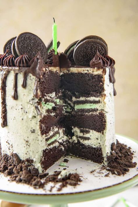 This Mint Oreo Cake makes for one fabulous birthday cake for mint chocolate lovers! Dark chocolate cake and tons of whole Oreos are covered in fluffy mint cookies and cream buttercream, then garnished with chocolate ganache and even more cookies. Mint Oreo Cake, Cookies And Cream Buttercream, Cake Football, Oreo Cookie Cake, Mint Chocolate Cake, Chocolate Oreo Cake, Oreo Buttercream, Dark Chocolate Cake, Cookies And Cream Cake