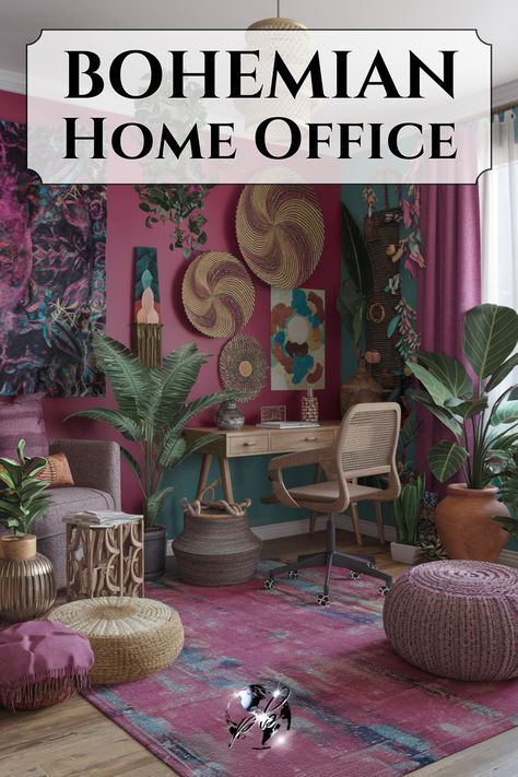 Create a dramatic home office by embracing a romantic boho aesthetic. Choose a bohemian color palette with vibrant hues and rich textures. Incorporate boho chic decor and dramatic elements like bold lighting and unique vintage pieces for a moody, yet stylish feminine home office that stands out and inspires creativity. #bohohomeoffice #bohemianflair #bohemianstyle #bohochicdecor #dramaticdecor #colorfulbohointerior #romanticbohoaesthetic #bohointerior #bohemianhomeoffice #bohostylehouse Dark Bohemian Office, Colorful Eclectic Home Office, Modern Boho Office Ideas, Boho Chic Office Decor, Boho Office Space, Maximalist Home Office, Bohemian Maximalist Decor, Eclectic Office Decor, Blush Office