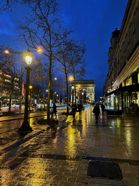 rainy streets of champs elysees lit up by city lights Rain In Paris Aesthetic, Autumn Aesthetic Night, Paris Rain Aesthetic, Fete Aesthetic, Paris In The Rain Aesthetic, Cities At Night Aesthetic, France Night Aesthetic, Paris Aethstetic, Champs Elysees Aesthetic