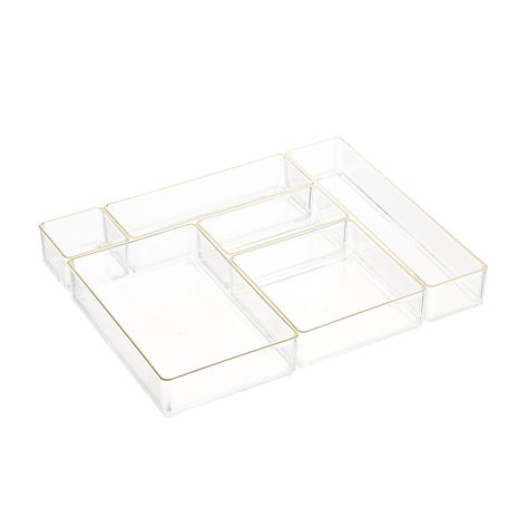 Clear Acrylic Stackable Drawer Organizers Gold Trim Set of 6 | The Container Store Bedrom Ideas, Acrylic Drawer Organizer, Acrylic Drawer, Rangement Makeup, Bathroom Drawer Organization, Clear Desk, Organizing Products, Gold Office, Bedroom Stuff