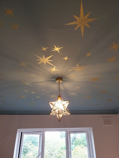 Star Chart Ceiling, Starlight Ceiling Bedroom, Gold Star Ceiling, Star Ceiling Artwork, Blue Star Ceiling, Star Bedroom Decor, Gold Stars On Ceiling, Celestial Office, Constellation Ceiling