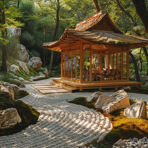 Serene Garden Pavilion: A tranquil garden featuring a traditional wooden pavilion nestled among carefully arranged rocks and lush greenery. #garden #pavilion #tranquility #wooden #rocks #aiart #aiphoto #stockcake ⬇️ Download and 📝 Prompt 👉 https://ayr.app/l/Ta3Q Chinese Warm Pavilion, Meditation Pavilion, Japanese Pavilion, Wooden Pathway, Greenery Garden, Wooden Pavilion, Stepping Stone Paths, Tranquil Garden, Serene Garden