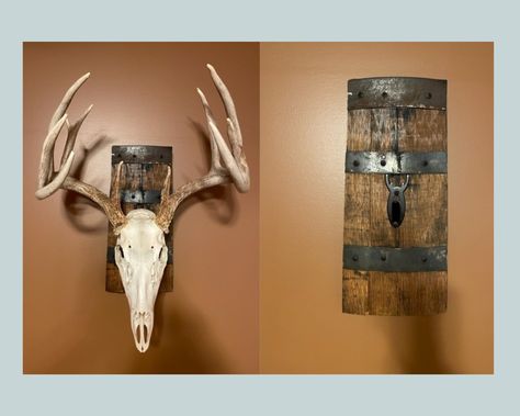 This is not your typical euro mount plaque. Handcrafted from a retired whiskey barrel and fitted with a hanger, this euro mount holder will stand out from the rest. Since these are made from actual whiskey barrels the wood and the rings will have markings in them and no 2 are alike. Most are about 16” long and about 10”wide and weighs about 6lbs.! European Deer Mount, Deer Skull Wall Mount, Skull Mount Ideas, Deer Mount Decor, Euro Mount, Euro Mounts, Antler Ideas, Arrowheads Design, European Mount