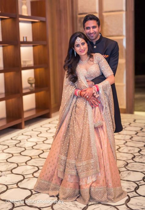 I Wanted Umang And I To Just Have Fun And Celebrate The Beginning Of Our Lives Together :))) | Weddingplz Engagement Dress For Bride, Peach Lehenga, Bride Reception Dresses, Indian Wedding Lehenga, Indian Wedding Gowns, Reception Outfit, Couple Wedding Dress, Wedding Lehenga Designs, Bridal Lehenga Collection