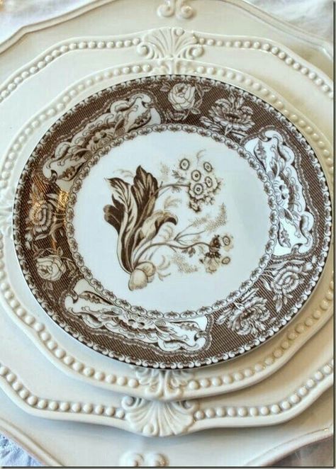 Brown Thanksgiving China, Beautiful Tablescapes, Brown Transferware, Beautiful Table Settings, Thanksgiving Tablescapes, White Dishes, Pretty Tables, China Patterns, Beautiful Dishes