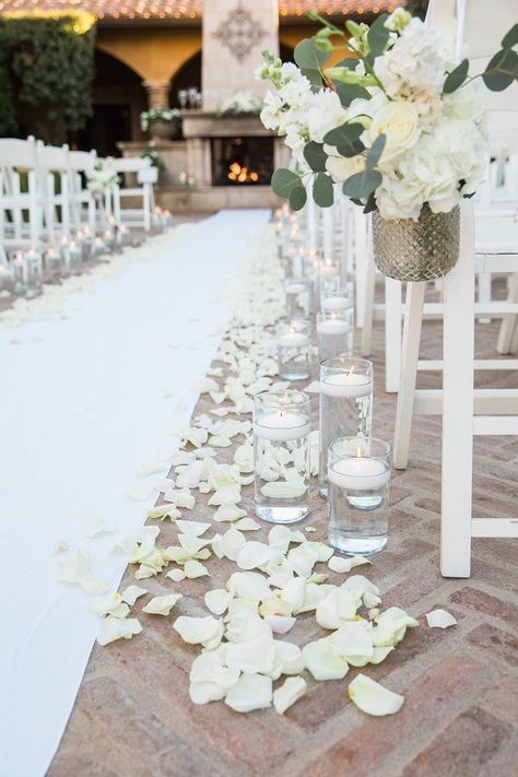 Floral Aisle Markers, White Candles Wedding, Floral Aisle, Aisle Candles, Floating Candle Centerpieces Wedding, Wedding Aisle Outdoor, Floating Candles Wedding, Villa Siena, White Wedding Ceremony