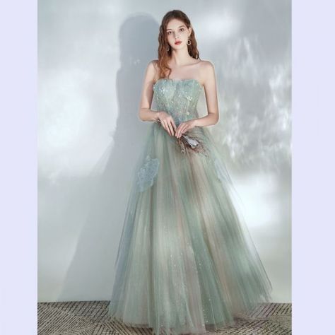 Light Green Prom Dress, Lace Long Prom Dress, Green Evening Dress, Green Tulle, Lace Evening Gowns, A Line Evening Dress, Tulle Evening Dress, Lace Strapless, Closet Goals