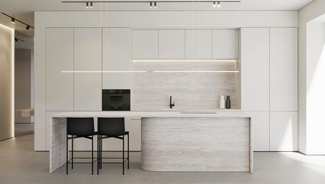 Minimalist Spaces With A Strong Presence Travertine Backsplash Kitchen, White Pantry, Restful Bedrooms, Glass Closet, Luxe Bathroom, Cream Living Rooms, Round Pedestal Dining, Round Pedestal Dining Table, Herringbone Wood Floor