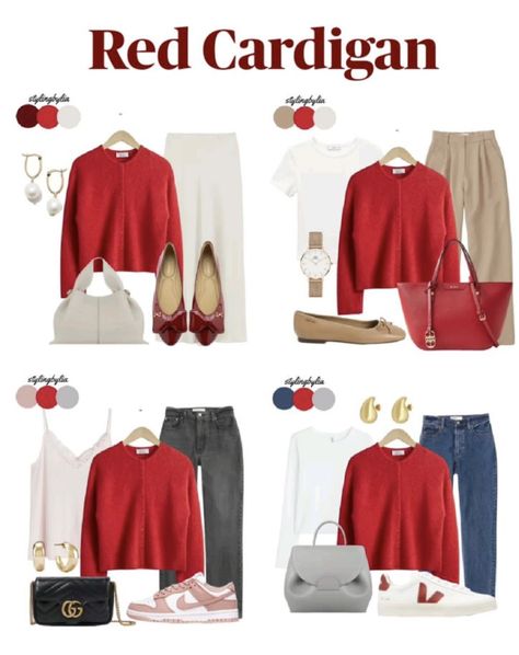 Red Cardigan Outfit Winter Work, How To Style A Red Dress In Winter, Red Chic Outfit, Cardigan T Shirt Outfit, Red Cardigan Outfit Hijab, Style Red Cardigan, Outfit With Red Cardigan, Styling Red Cardigan, Red Cardigan Outfit 2024