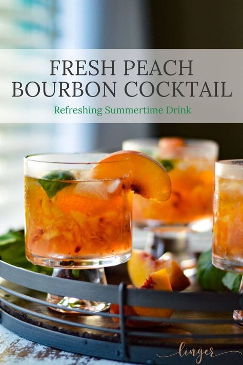 An easy bourbon cocktail that is perfect for happy hour or enjoying drinks with friends. Fresh peaches and basil make this the best exhilarating drink recipe around. Basil Alcoholic Drinks, Drinks With Basil Alcoholic, Alcoholic Drinks Not Sweet, Peach Bourbon Cocktail, Summer Bourbon Cocktails, Bourbon Drinks Recipes, Fun Beverages, Apple Delight, Peach Bourbon