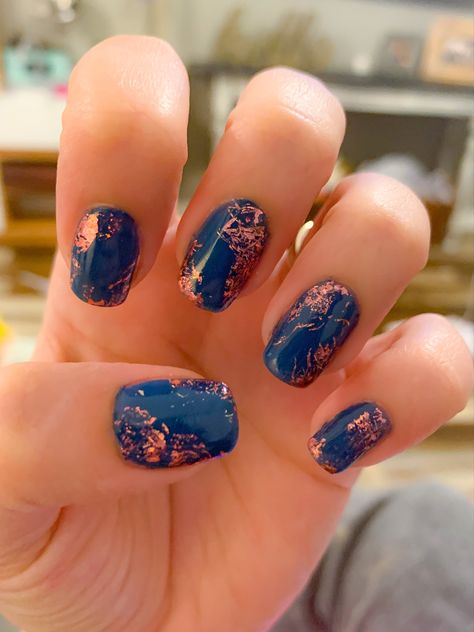 Copper And Blue Nails, Navy And Copper Nails, Blue And Copper Nails, Blue And Orange Nail Ideas, Navy Blue And Orange Nails, Aaliyah Nails, Blue And Coral Nails, Navy And Orange Nails, Nails Metallic Pink