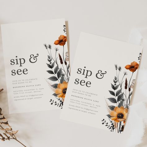 Modern Sip and See Fall Baby Shower Invitation with Black Edgy Flowers - Instant Edit and Download Edgy Flowers, Fall Baby Shower Invites, Sip And See, Paperless Post, Time Saver, Baby Shower Fall, Fall Baby, Diy Template, Little Bird