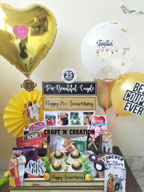 25 Anniversary Hamper Ideas, Anniversary Hamper Ideas, Anniversary Hamper, Shower Baskets, Wedding Gift Hampers, Happy 25th Anniversary, Chalk Crafts, 25th Anniversary Gift, 25th Anniversary Gifts