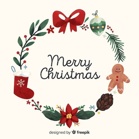 Free vector watercolor christmas wreath | Free Vector #Freepik #freevector #christmas-wreath #christmas-flower #merry-christmas-card #christmas-background Christmas Wreath Illustration, Watercolor Christmas Wreath, Merry Christmas Tags, Christmas Graphic Design, Merry Christmas Yall, Merry Christmas Background, Wreath Drawing, Merry Christmas Images, Christmas Graphics