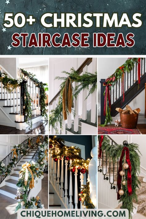 Xmas Decorations For Stairs, Stair Swag Christmas, Christmas Garland For Staircase, Stair Rails Christmas Decor, Glass Stairs Christmas Decor, Creative Garland Ideas, Staircase Swag Christmas, Christmas Ideas For Stairs, Stair Christmas Decorating Ideas