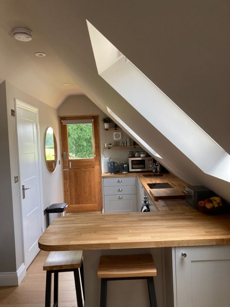 Kitchen With Sloping Ceiling, Attic Kitchen Small Slanted Ceiling, Slanted Roof Kitchen, Attic Apartment Kitchen, Attic Apartment Ideas Slanted Ceiling Kitchen, Attic Apartment Layout, Attic Kitchen Ideas Slanted Ceiling, Small Attic Kitchen Ideas, Attic Airbnb