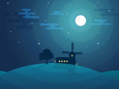 Night Hill Animated Animated Landscape Gif, Animated Sky, Animated Scenery, Goodnight Gifs, Land Illustration, Gif Illustration, Gif Wallpaper, Wind Mill, Mid Night