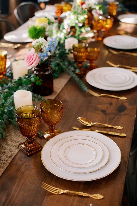 Wedding Plate Setting, Brunch Table Setting, Neutral Wedding Inspiration, Wedding Goblets, Vintage Table Setting, Magnolia Collection, Wedding Glassware, Amber Glassware, Burnt Orange Weddings