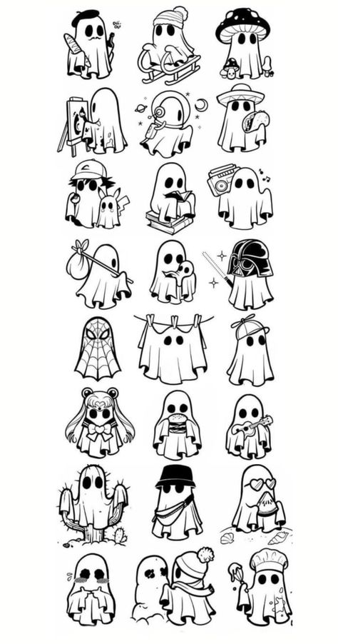 Tiny Ghost Drawing, Among Us Tattoo, Cartoon Ghost Tattoo, Cartoon Ghost Drawing, Goth Cartoon Characters, Sheet Ghost Tattoo, Cute Ghost Tattoo Ideas, Ghost Sketches, Ghost Doodle